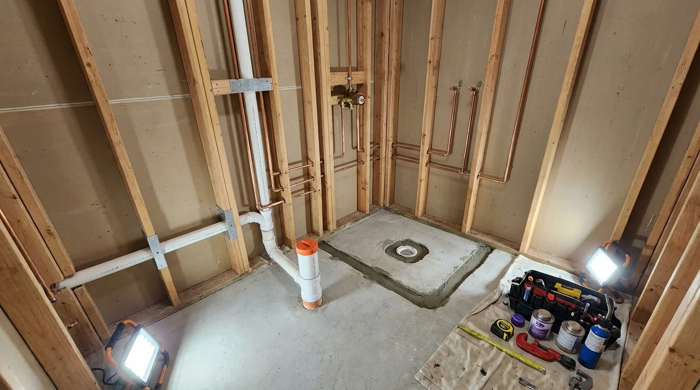 Bathroom rough-in plumbing during remodel by Johns Plumbing LLC in Orange Grove