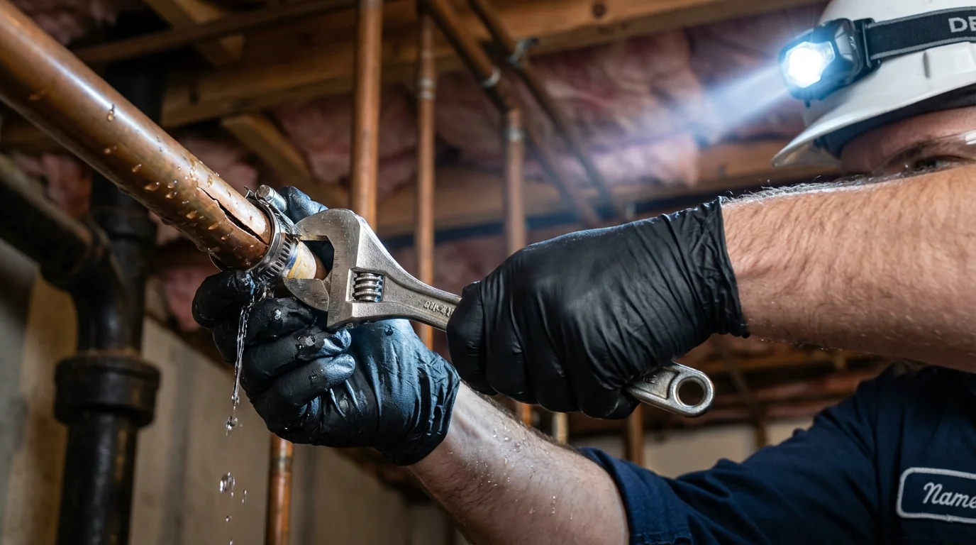 Emergency pipe clamp repair being performed by a Johns Plumbing LLC plumber in Orange Grove
