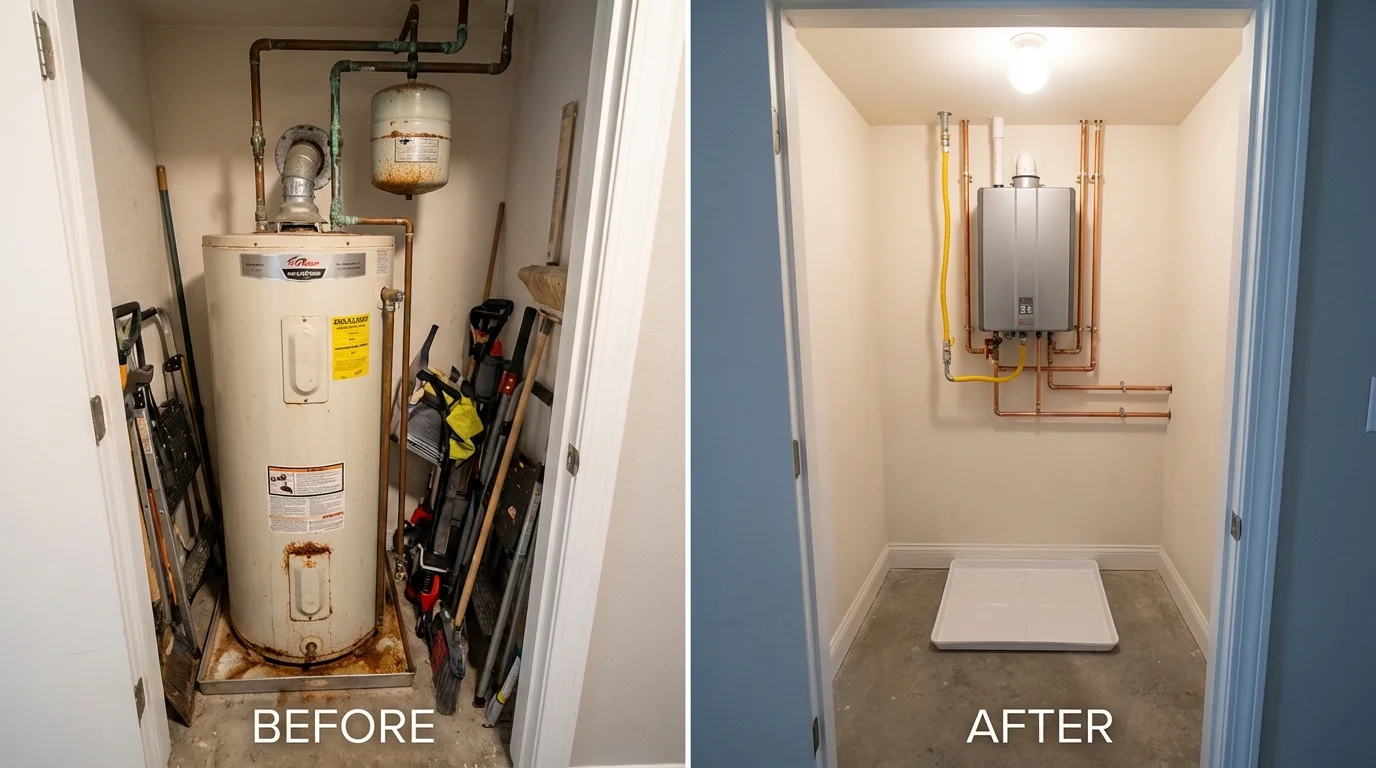 Tank water heater versus wall-mounted tankless unit comparison for Orange Grove, TX homeowners