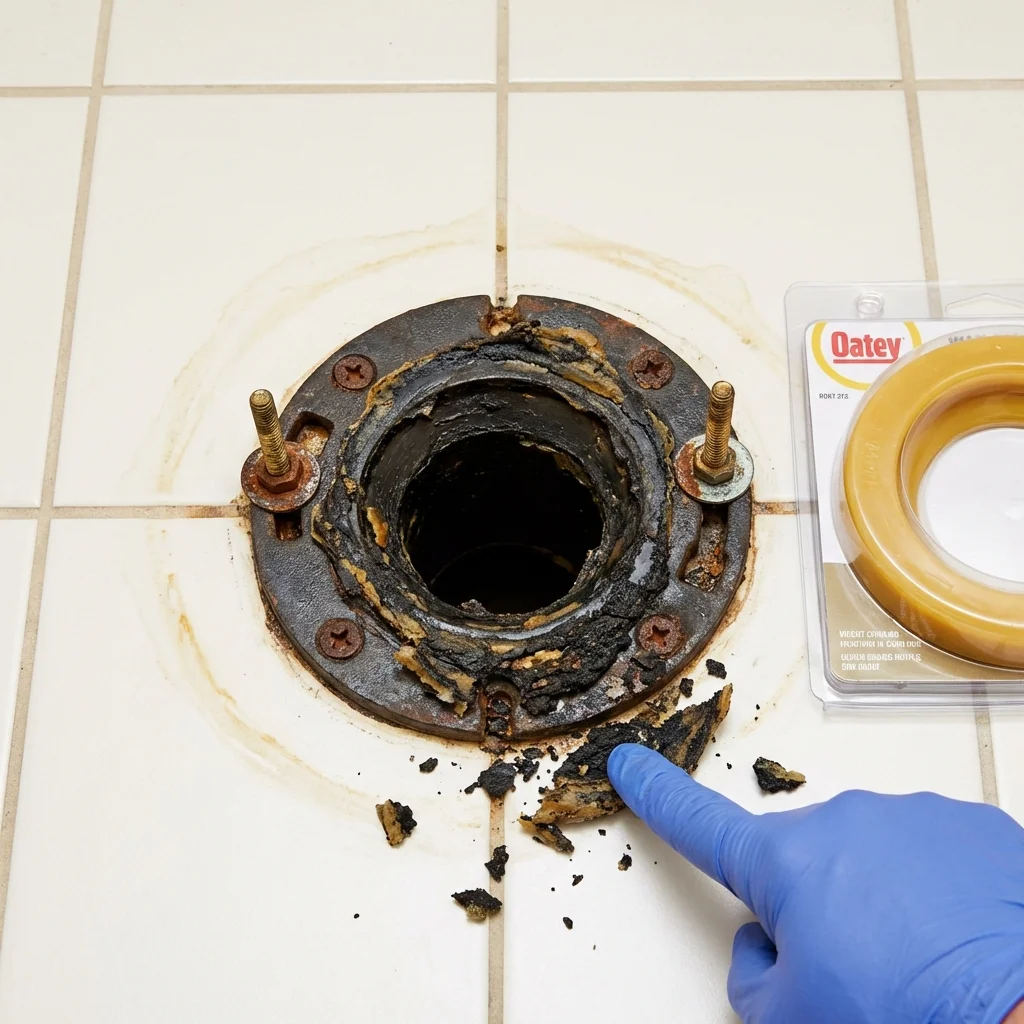 Failed wax ring showing water seepage at the base of a toilet in a Orange Grove, TX home