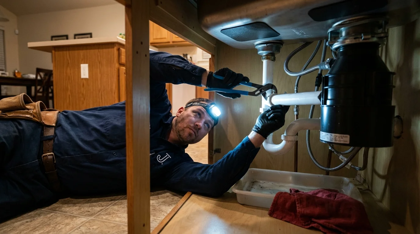 P-trap and supply line connections under a kitchen sink showing a common leak point in Orange Grove, TX